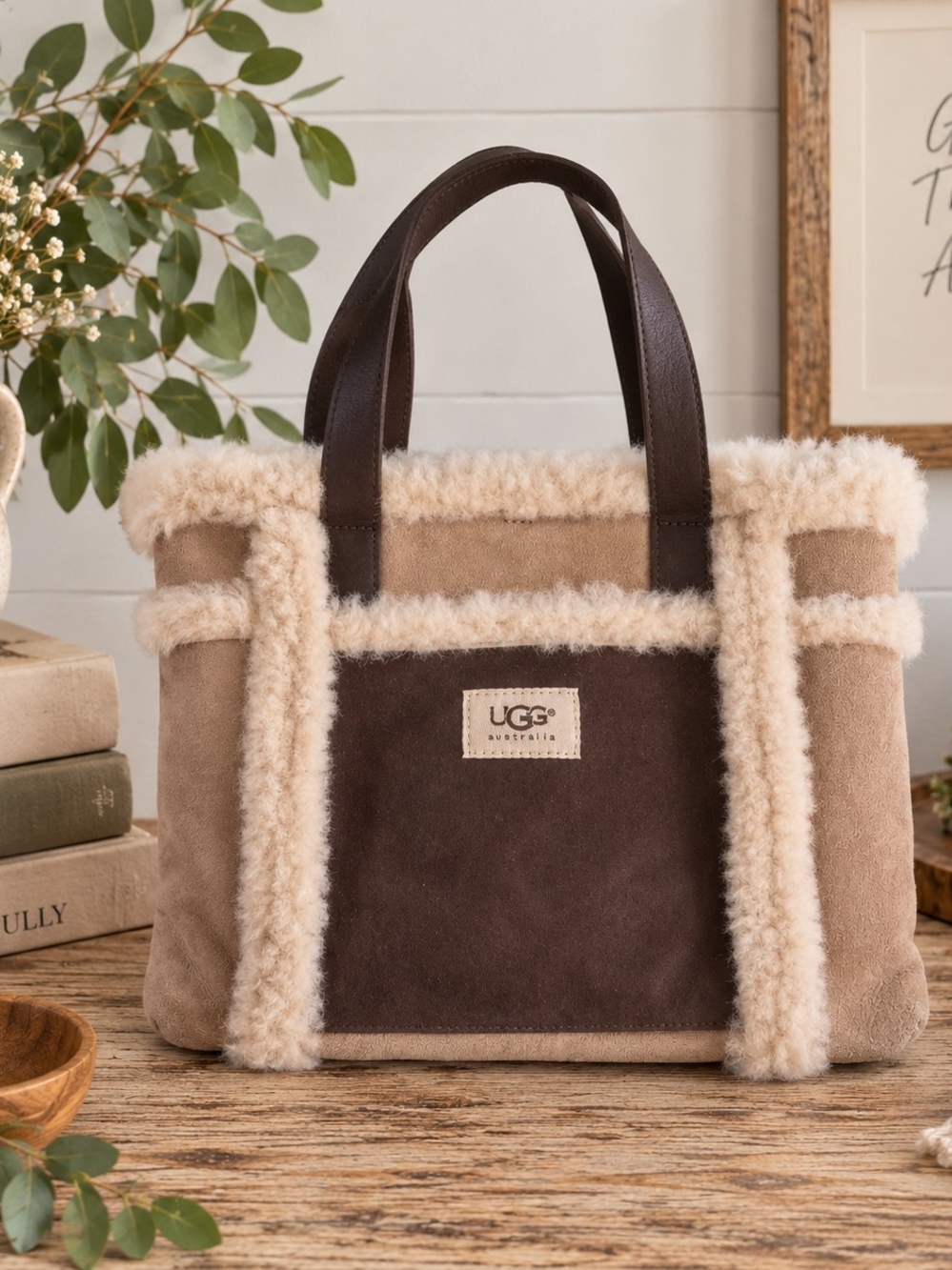 UGG Australia Shearling Suede Leather Tote Bag Y2K Boho Brown Cream